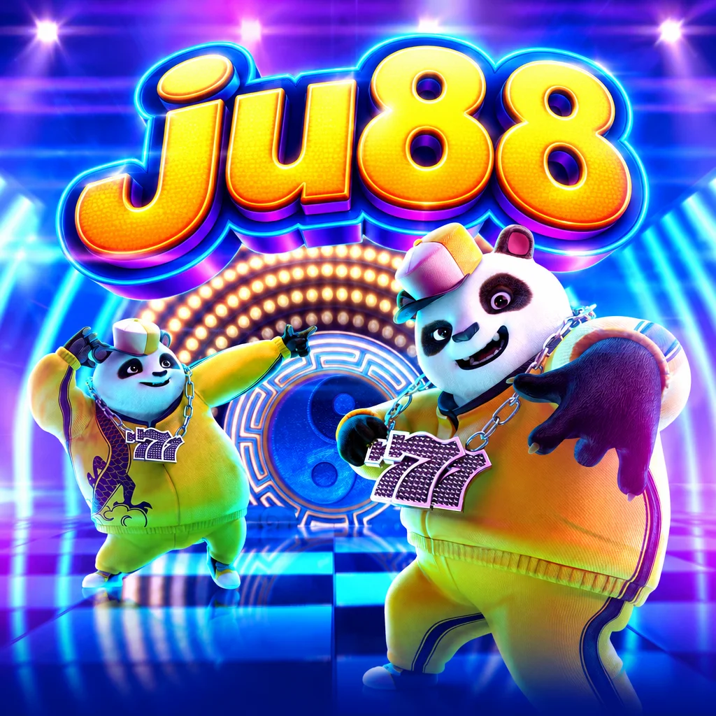 โลโก้ ju88 และตัวละครแพนด้าในชุดฮิปฮอปสีเหลืองจากเกม Hip Hop Panda